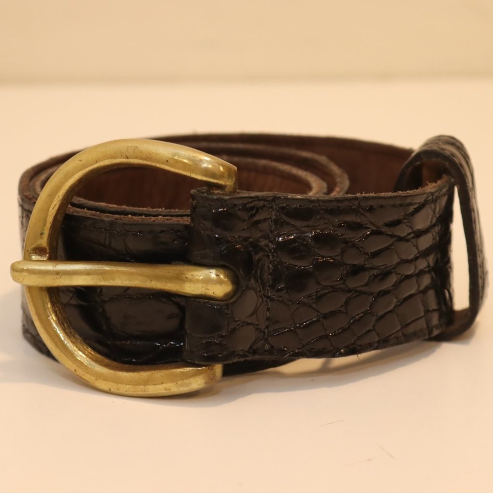 VINTAGE JOHNNY FARAH GENUINE ALLIGATOR WIDE BELT SZ M Heavy Brass Buckle sz. M